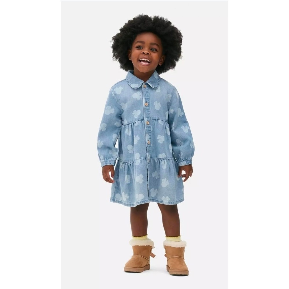 Disney Minnie Mouse Primark Girls Denim Dress Blue Tiered‎ Smock 4-5Y 110cm